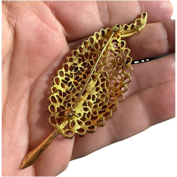 MAMSELLE: FLOWER GARDEN LEAF VINTAGE BROOCH 24k Gold Plated - Picture 2 of 3
